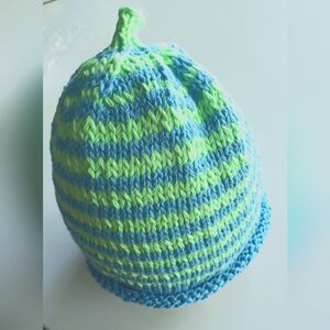 Glow-in-Dark Striped Handknit Cotton Beanie- Neon And Light Blue